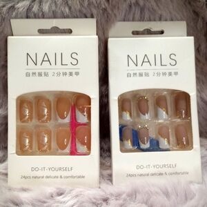 Pack of 2 medium square gold silver orange mauve white rhinestone false nails